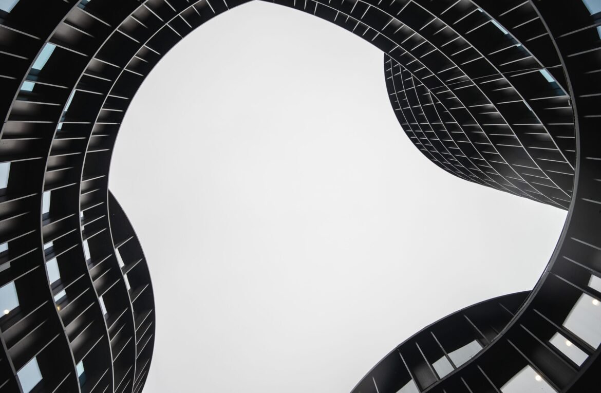 A low angle shot of the interior of The Road Tower captured in Copenhagen, Denmark